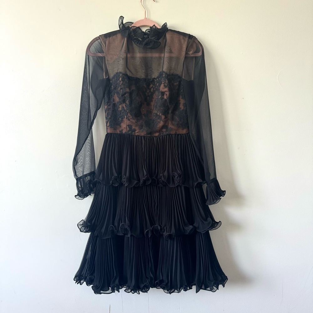 1970s Travilla Pleated Midi Dress, Black Lace, High Neck, Small